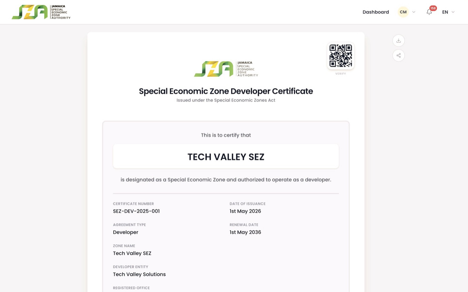 Digital certificate with a QR code for verification